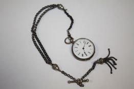 A VICTORIAN SILVER FOB WATCH ON LONG SILVER ALBERTINA CHAIN