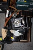 A BOX OF VINTAGE CAMERAS AND ACCESSORIES