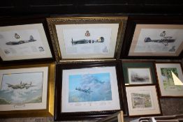A COLLECTION OF RAF INTEREST AEROPLANE PRINTS TOGETHER WITH A PRINT OF IRONBRIDGE (8)