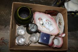A TRAY OF CERAMICS AND GLASSWARE TO INCLUDE A WEST GERMAN VASE, AYNSLEY PEMBROKE ETC