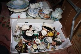 A TRAY OF ASSORTED CHINA AND CERAMICS TO INCLUDE A CROWN DUCAL CRIES OF LONDON TEAPOT ON STAND,
