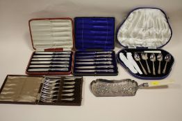 FOUR CASES OF CUTLERY TO INCLUDE SILVER HANDLED KNIVES, TO INCLUDE A CRUMB TRAY