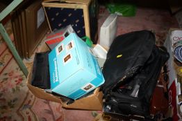 TWO BOXES OF VINTAGE CAMERA ACCESSORIES TO INCLUDE A PENTAX ME SUPER AND LENSES