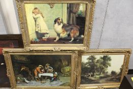 THREE VINTAGE GILT FRAMED PRINTS TOGETHER WITH TWO MAURICE C. WILKE PRINTS (5)