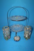 A PAIR OF ANTIQUE HAND PAINTED FLORAL GLASS VASES TOGETHER A TWO TIER CUT GLASS CAKE STAND