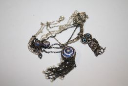 A STERLING SILVER OWL SHAPED PENDANT ON CHAIN TOGETHER WITH TWO OTHERS, APPROX WEIGHT 37.3G