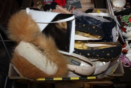 A BOX OF LADIES ACCESSORIES TO INCLUDE BALLY SHOES, PETER KAISER BAG ETC