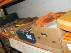 SEVEN TRAYS OF TOOLS AND PARTS ETC TO INCLUDE CABLES, HANDTOOLS, SMALL TOOL KIT, BULBS ETC