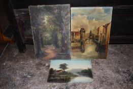 TWO UNFRAMED OIL ON CANVASES OF A FIGURE IN A WOODLAND AND CONTINENTAL RIVER SCENE TOGETHER WITH