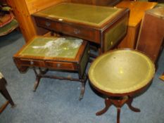 TWO REPRODUCTION MAHOGANY LEATHER TOPPED SOFA TABLES AND AN OCCASIONAL TABLE (3)