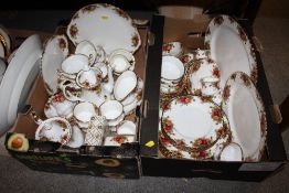 TWO TRAYS OF ROYAL ALBERT OLD COUNTRY ROSES CHINA TO INCLUDE TEA AND COFFEE POTS, CUPS AND