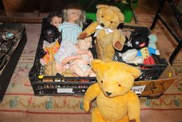 TWO TRAYS OF VINTAGE DOLLS AND TEDDY BEARS ETC.