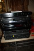 FIVE STACKING STEREO SEPARATES TO INCLUDE NAD STEREO AMPLIFIER AND STEREO TUNER, MARANTZ, DENON ETC.