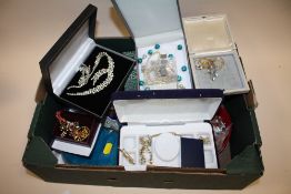 A BOX OF ASSORTED COSTUME JEWELLERY ETC