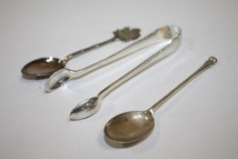 TWO HALLMARKED SILVER TEASPOONS, TOGETHER WITH A PAIR OF HALLMARKED SILVER SUGAR TONGS APPROX WEIGHT
