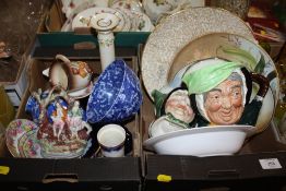 TWO SMALL TRAYS OF CERAMICS TO INCLUDE A ROYAL DOULTON CHARACTER JUG, WEDGWOOD CANDLESTICK,