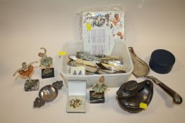 A BOX OF COLLECTABLES TO INCLUDE SILVER PLATED FLATWARE, DUCK SHAPED MONEY BANK ETC