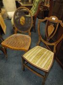 AN EDWARDIAN MAHOGANY INLAID BEDROOM CHAIR TOGETHER WITH A BERGERE PAINTED CHAIR A/F (2)