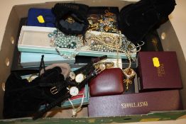 A BOX OF ASSORTED COSTUME JEWELLERY, WRISTWATCHES ETC