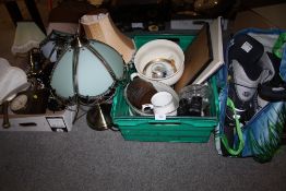 TWO TRAYS OF ASSORTED SUNDRIES TO INCLUDE A QUANTITY OF LAMPS, PAIR OF ROLLER BLADES