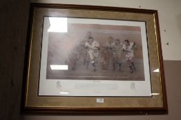 A FRAMED AND GLAZED RUGBY INTEREST PRINT ENTITLED 'A CALL TO ARMS' BY STEPHEN DOIG 731/750