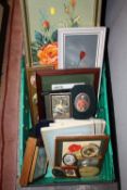 A BOX OF ASSORTED PICTURES AND PRINTS TO INCLUDE MINIATURE FABRIC PRINTS, FLORAL OIL ETC