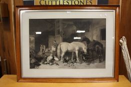 A LARGE FRAMED AND GLAZED ANTIQUE J.F HERRING SENIOR ENGRAVING DEPICTING A STABLE INTERIOR SCENE