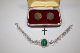 A PAIR OF 925 SILVER CUFFLINKS TOGETHER WITH A MALACHITE SET FILIGREE BRACELET AND A CROSS PENDANT