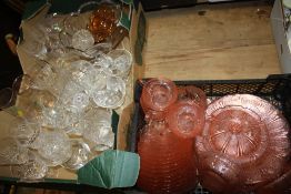 A TRAY OF MOSTLY CUT GLASSWARE TOGETHER WITH A TRAY OF PINK GLASSWARE (2)