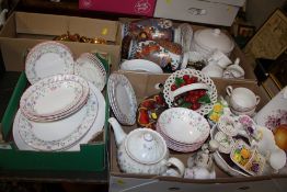FOUR BOXES OF ASSORTED CERAMICS AND CHINA TO INCLUDE A GILT ROYAL WORCESTER THREE PIECE TEA SERVICE,