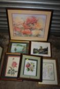 A FRAMED AND GLAZED FLORAL WATERCOLOUR SIGNED J.DYER TOGETHER WITH 5 OTHER PICTURES TO INCLUDE