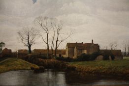 A GILT FRAMED OIL ON CANVAS DEPICTING A COUNTRY FARM HOUSE SIGNED JONATHAN EMERY 1976