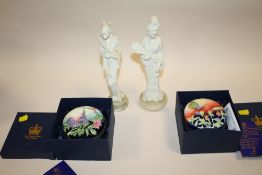TWO BOXED OLD TUPTON WARE TUBE LINED TRINKET POTS TOGETHER WITH TWO ORIENTAL RESIN LADY FIGURES