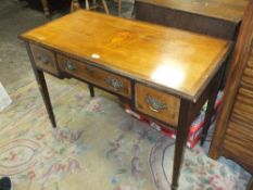 AN ANTIQUE MAHOGANY AND INLAID SIDE TABLE WITH THREE DRAWERS RAISED ON SQUARED SUPPORTS H-75 W-107