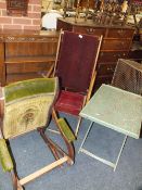 TWO ANTIQUE FOLDING CHAIRS WITH TAPESTRY/MATERIAL COVERINGS AND A FOLDING GREEN PAINTED BUTLERS TRAY