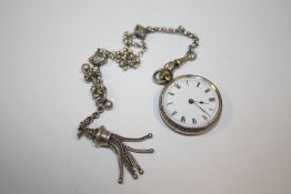 A VICTORIAN SILVER FOB WATCH ON SILVER ALBERTINA CHAIN