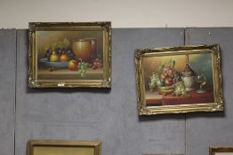 A PAIR OF GILT FRAMED STILL LIFE OIL ON CANVAS STUDIES OF FRUIT SIGNED PARRIOT