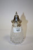 A HALLMARKED SILVER TOPPED CUT GLASS SUGAR CASTOR