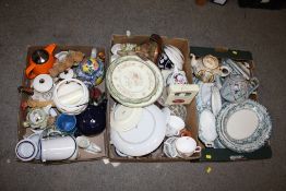 THREE TRAYS OF ASSORTED CHINA AND CERAMICS TO INCLUDE MINTON, TEAPOTS ETC