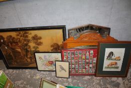 A COLLECTION OF ANTIQUE PICTURES AND MIRRORS TO INCLUDE A LARGE B COOK COLOURED PRINT, FRAMED