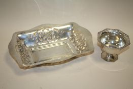 A LARGE HALLMARKED SILVER PIERCED TRAY WIDTH - 29CM APPROX, TOGETHER WITH A HALLMARKED SILVER FOOTED