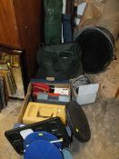 A SELECTION OF FISHING EQUIPMENT INCLUDING NETS, SPOOLS, REELS ETC TO INCLUDE ABU GARCIA AND DAIWA