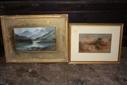 TWO GILT FRAMED AND GLAZED WATERCOLOURS DEPICTING A HIGHLAND SCENE AND A RURAL BRIDGE