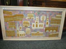 A FRAMED OIL ON CANVAS DEPICTING A MODERNIST TOWN SCENE BY C JOHNS 2008