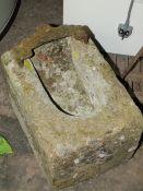 A BOOT SCRAPER SET IN STONE, VINTAGE METAL BIRDBATH AND THREE VINTAGE RAKES ETC