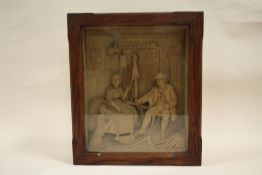 AN ANTIQUE OAK CASED CARVED WOODEN DIORAMA OF AN INTERIOR SCENE WITH FIGURES