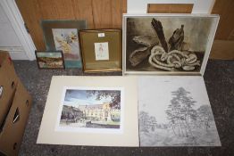 A COLLECTION OF ASSORTED PICTURES TO INCLUDE A HERBERT OSWALD LUMBY PENCIL SKETCH STILL LIFE OIL