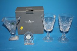 A BOXED WATERFORD CRYSTAL CLARION VASE TOGETHER WITH A PAIR OF WATERFORD CRYSTAL WINE GLASSES AND