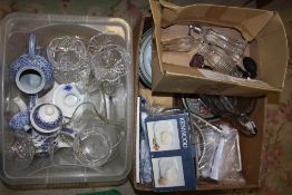 A BOX OF ASSORTED SUNDRIES TO INCLUDE A COLLECTION OF PERFUME BOTTLES ETC, A BOX OF CUT GLASS