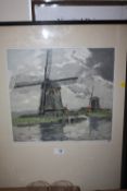 A FRAMED AND GLAZED COLOURED ETCHING DEPICTING A WINDMILL SIGNED HANS FIGURA